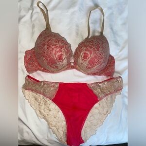 Victoria Secret bra (36B) and panties (Medium) pink/cream lace set